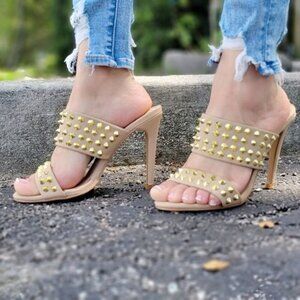 Taupe Stiletto Heel Sandals Double Band Gold Studs Pull-On Shoes